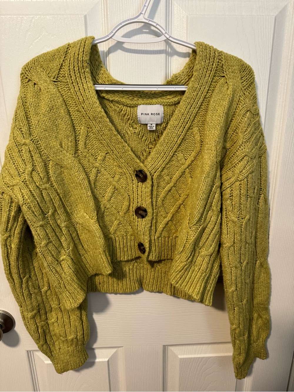 Pink Rose Chartreuse Cable Knit V-Neck Button Cardigan